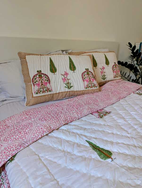 Handmade Double Quilt from Jaipur with peacock and flower design in pink color and two matching pillow cases hand block printed pure cotton perfect for queen or king size beds