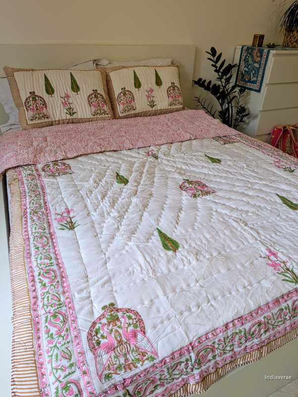 Handmade Double Quilt from Jaipur with peacock and flower design in pink color and two matching pillow cases hand block printed pure cotton perfect for queen or king size beds