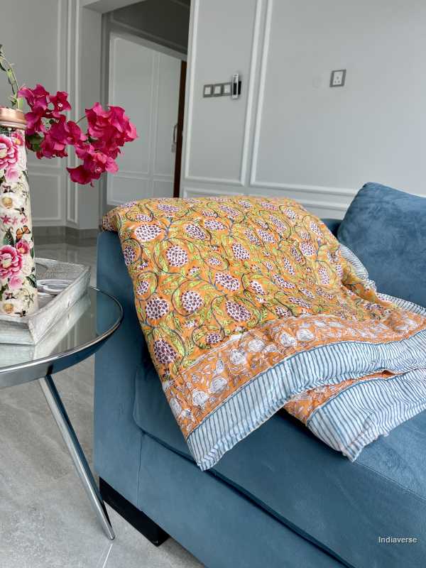Handmade Jaipuri Double Quilt Blanket with Pomegranate Hand block printed in orange pure cotton