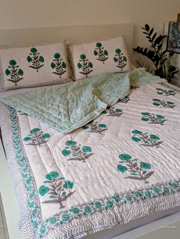 Handmade Double Quilt from Jaipur with flower design in turquoise color and two matching pillow cases hand block printed pure cotton perfect for queen or king size beds