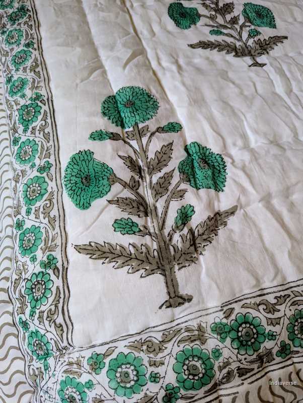 Handmade Double Quilt from Jaipur with flower design in turquoise color and two matching pillow cases hand block printed pure cotton perfect for queen or king size beds