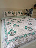 Handmade Double Quilt from Jaipur with flower design in turquoise color and two matching pillow cases hand block printed pure cotton perfect for queen or king size beds
