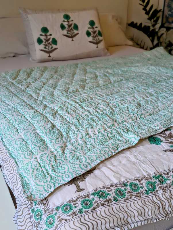 Handmade Double Quilt from Jaipur with flower design in turquoise color and two matching pillow cases hand block printed pure cotton perfect for queen or king size beds