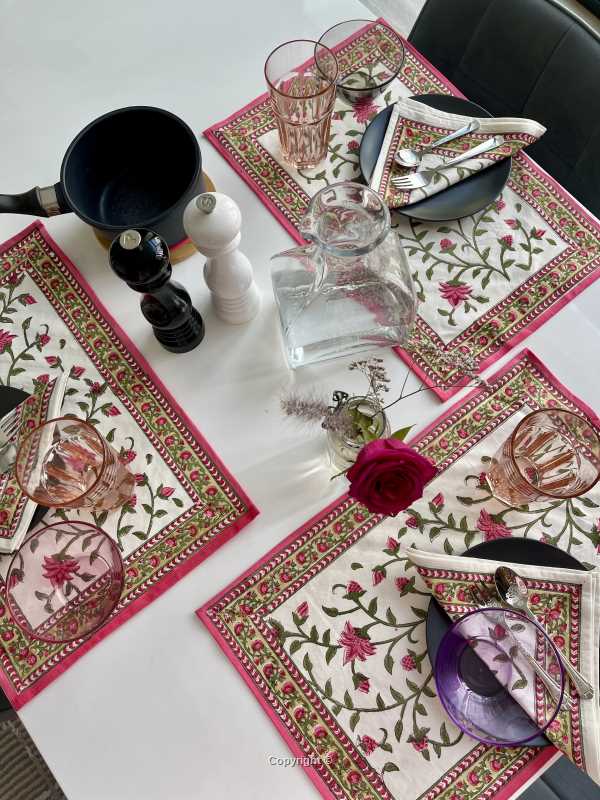 placemat and napkin set with rose design and elegant rose border for 6 person dinner setting