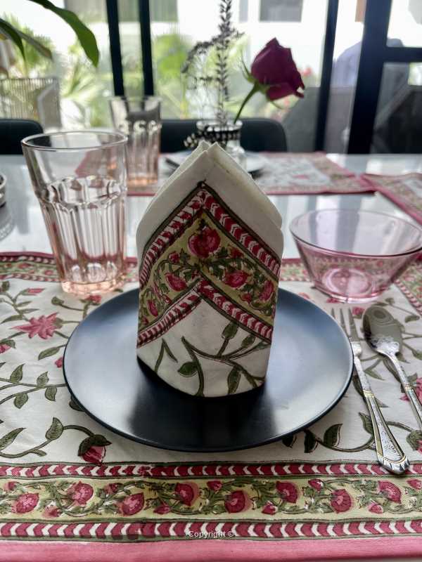 placemat and napkin set with rose design and elegant rose border for 6 person dinner setting