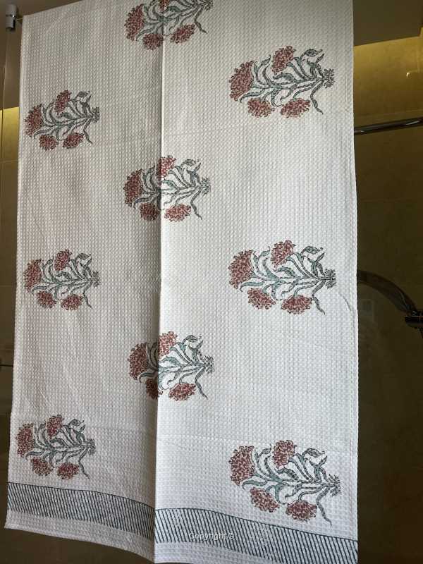 Large pure cotton, hand block printed Bath Towel with carnation flower design in olive green blue pink color with an absorbent waffle patterned 