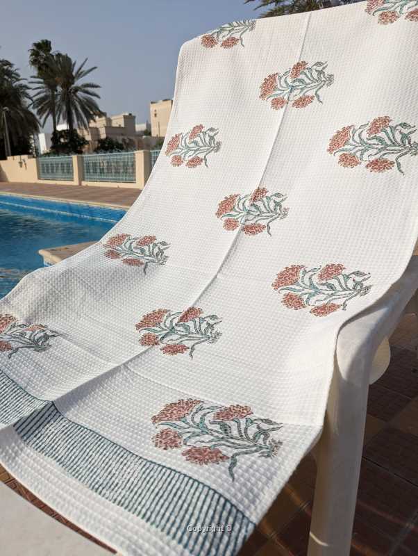 Large pure cotton, hand block printed Bath Towel with carnation flower design in olive green blue pink color with an absorbent waffle patterned 