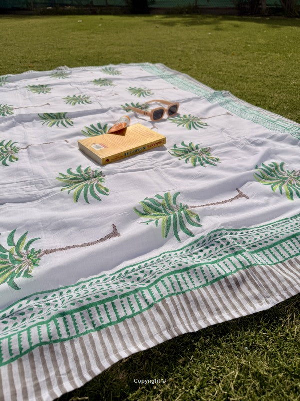 White picnic blanket with green patterns on grass