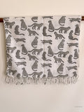 Hand block printed cotton scarf white with grey leopards printed on it