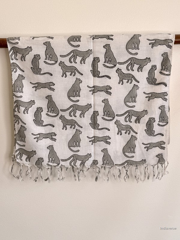 Hand block printed cotton scarf white with grey leopards printed on it