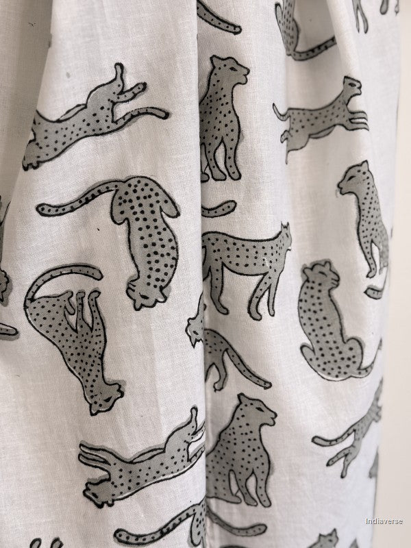 close up of hand block printed scarf with leopard design