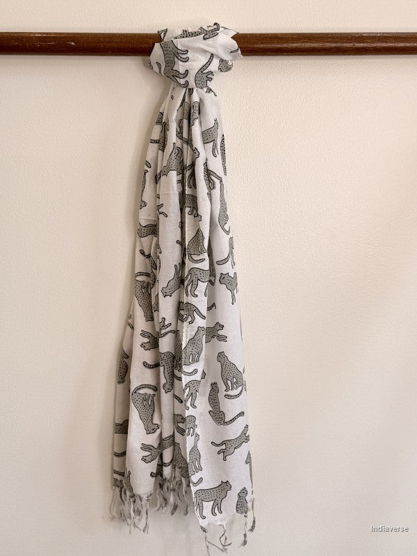 leopard pattern cotton scarf tied to a wooden beam