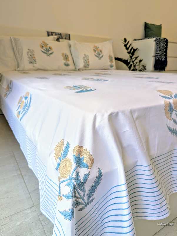 percale cotton bed sheet with marigold flowers for queen and king size mattress