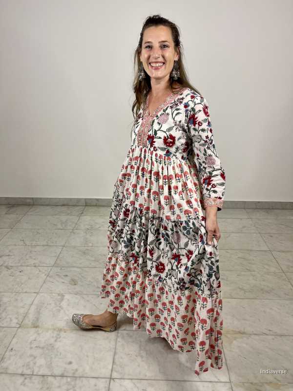 hand block printed layered cotton maxi dress with red and blue floral design and cotton underskirt