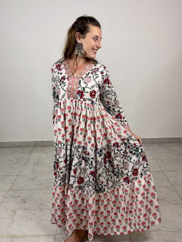 hand block printed layered cotton maxi dress with red and blue floral design and cotton underskirt