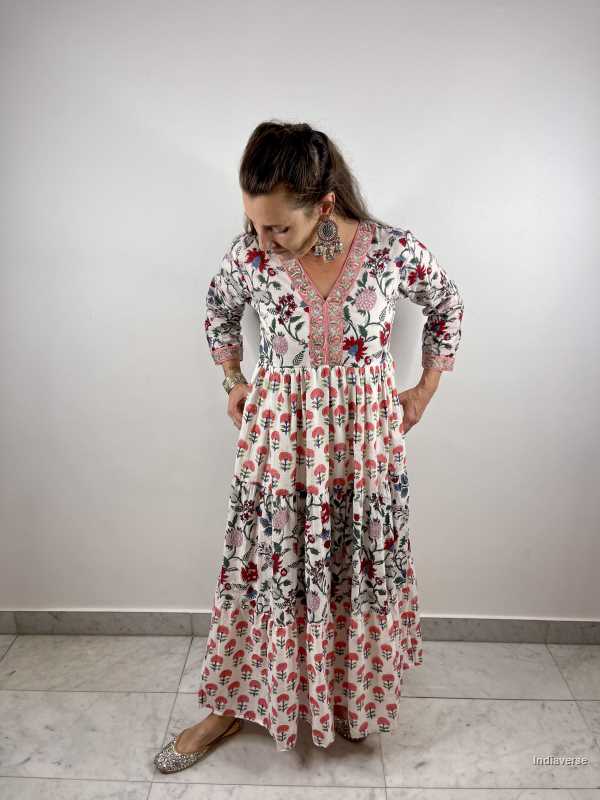 hand block printed layered cotton maxi dress with red and blue floral design and cotton underskirt