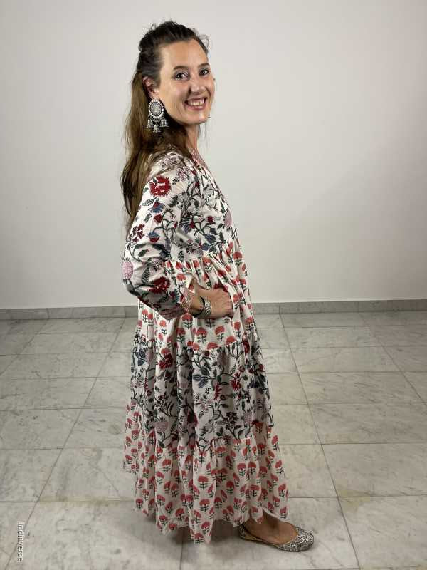hand block printed layered cotton maxi dress with red and blue floral design and cotton underskirt