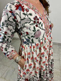 hand block printed layered cotton maxi dress with red and blue floral design and cotton underskirt