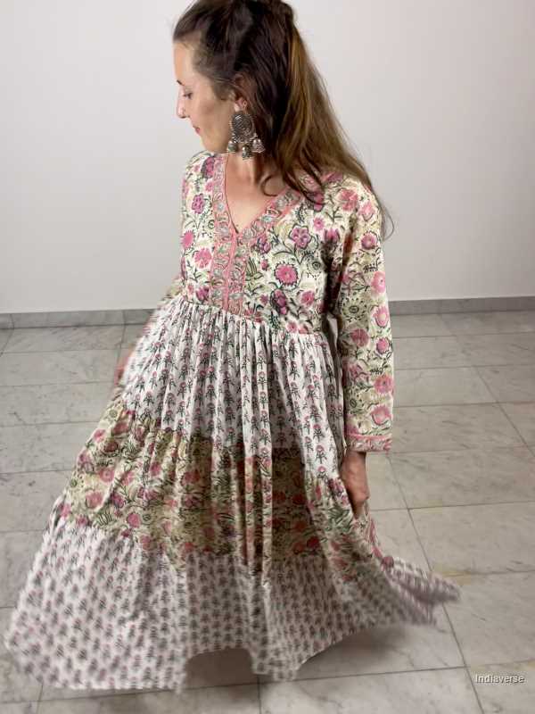 hand block printed maxi cotton dress with two complimenting floral designs and matching borders and with cotton underskirt