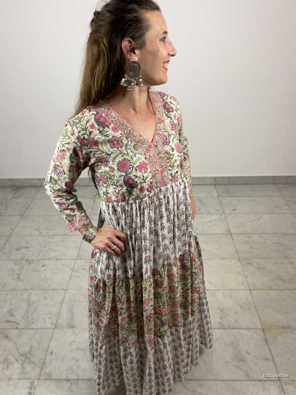 hand block printed maxi cotton dress with two complimenting floral designs and matching borders and with cotton underskirt
