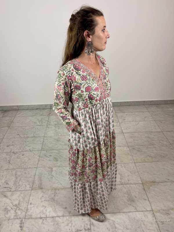 hand block printed maxi cotton dress with two complimenting floral designs and matching borders and with cotton underskirt