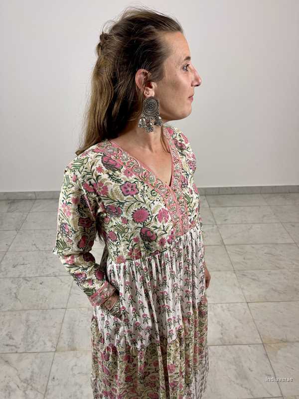 hand block printed maxi cotton dress with two complimenting floral designs and matching borders and with cotton underskirt