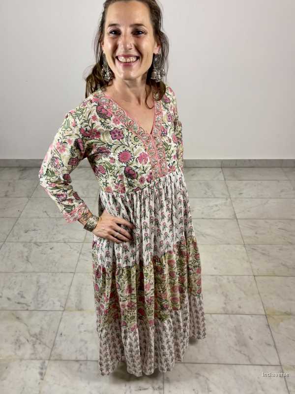 hand block printed maxi cotton dress with two complimenting floral designs and matching borders and with cotton underskirt