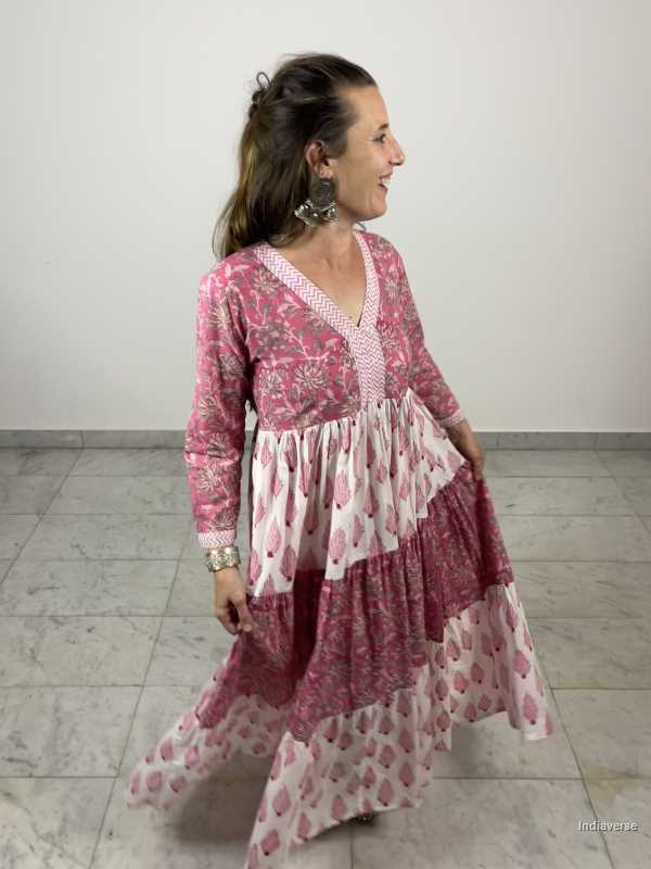 hand block printed layered cotton maxi dress with pink floral design and matching borders