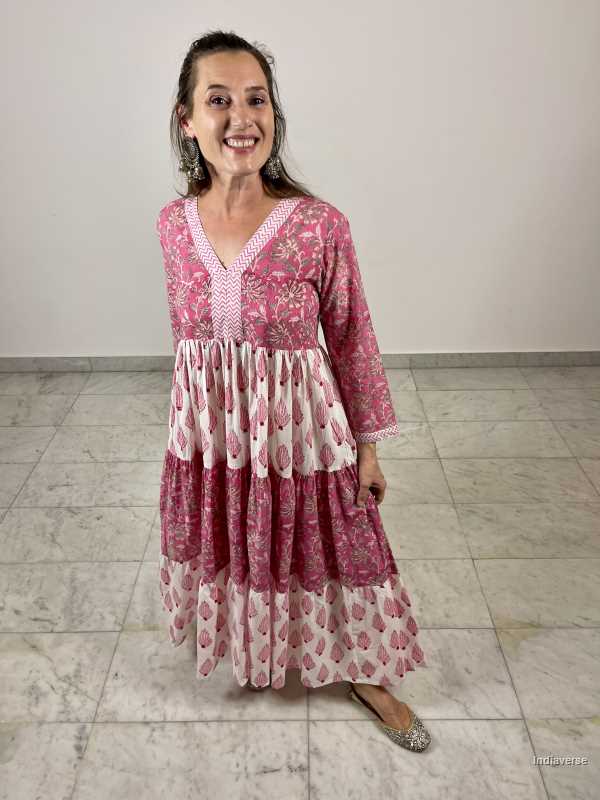 hand block printed layered cotton maxi dress with pink floral design and matching borders