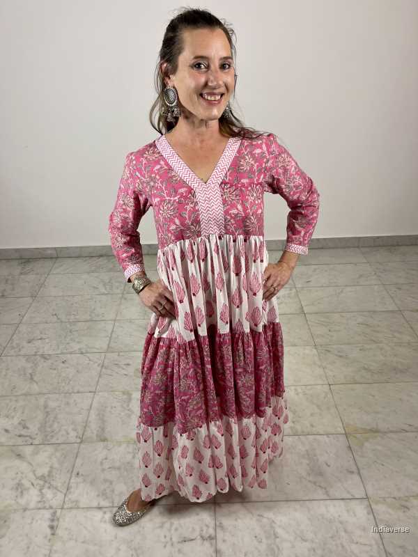 hand block printed layered cotton maxi dress with pink floral design and matching borders