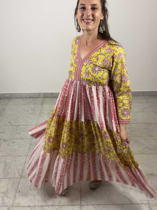 Yellow and pink floral hand block printed maxi dress made from cotton and inspired by Indian contemporary fashion