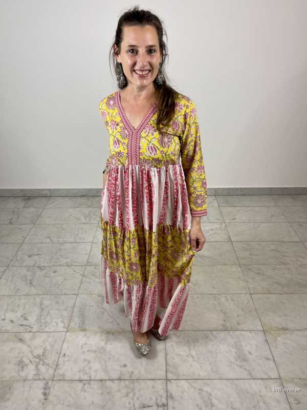 Yellow and pink floral hand block printed maxi dress made from cotton and inspired by Indian contemporary fashion