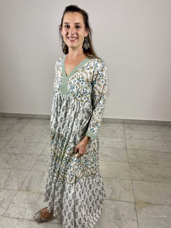 hand block printed soft cotton maxi dress in green and blue tones with complimenting floral designs and matching border and has a cotton underskirt