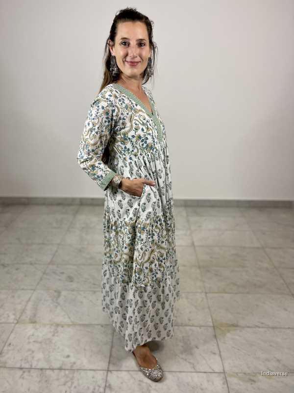hand block printed soft cotton maxi dress in green and blue tones with complimenting floral designs and matching border and has a cotton underskirt