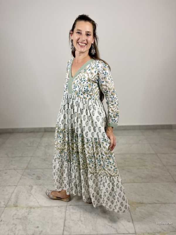 hand block printed soft cotton maxi dress in green and blue tones with complimenting floral designs and matching border and has a cotton underskirt