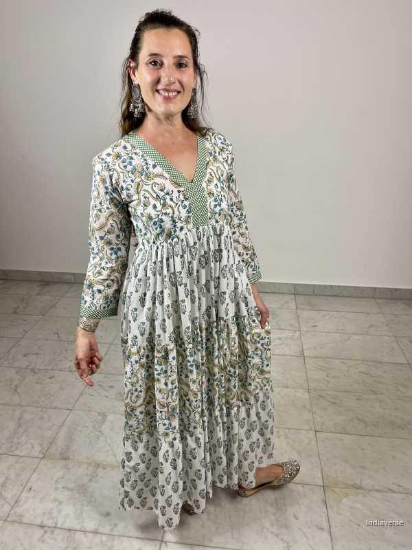 hand block printed soft cotton maxi dress in green and blue tones with complimenting floral designs and matching border and has a cotton underskirt