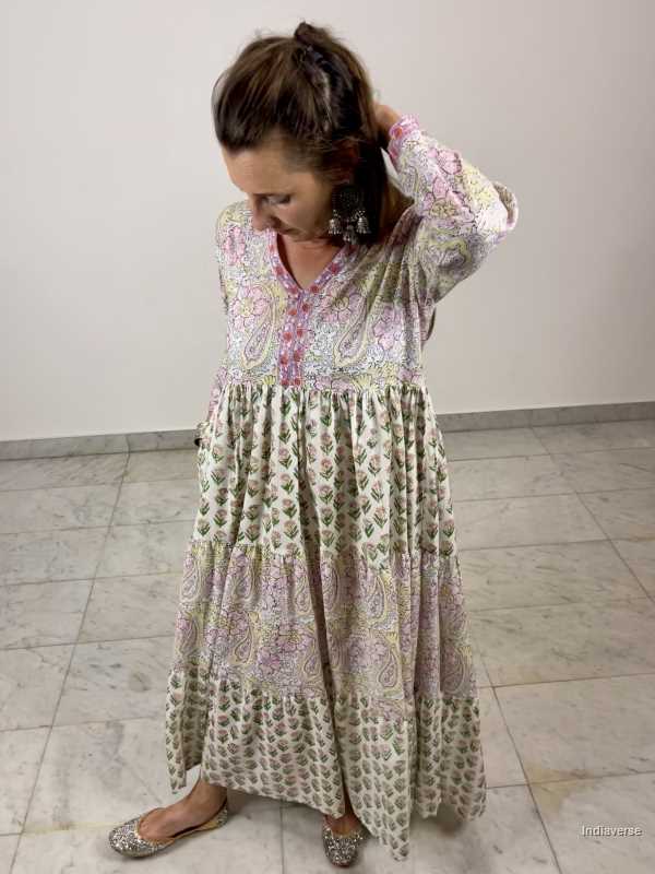 hand block printed soft cotton maxi dress with pink and green complimenting floral designs with matching borders