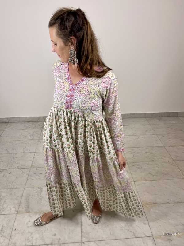 hand block printed soft cotton maxi dress with pink and green complimenting floral designs with matching borders