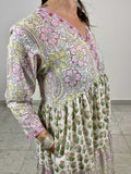 hand block printed soft cotton maxi dress with pink and green complimenting floral designs with matching borders