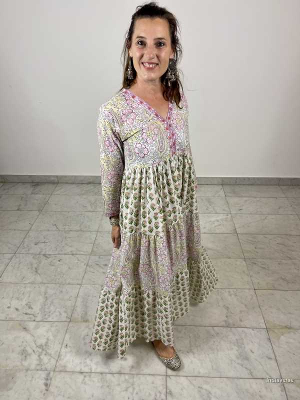 hand block printed soft cotton maxi dress with pink and green complimenting floral designs with matching borders