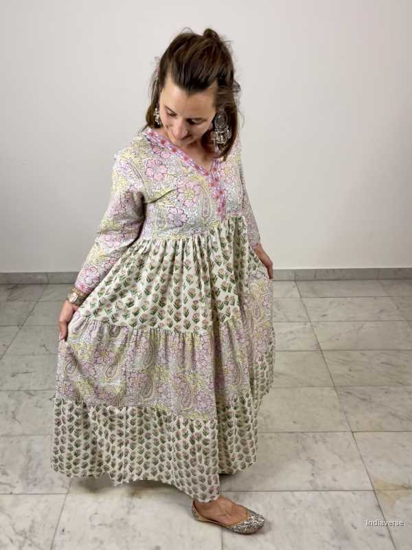 hand block printed soft cotton maxi dress with pink and green complimenting floral designs with matching borders