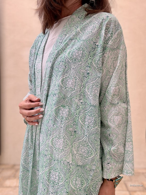 long abaya with Indian inspired pattern in mint green