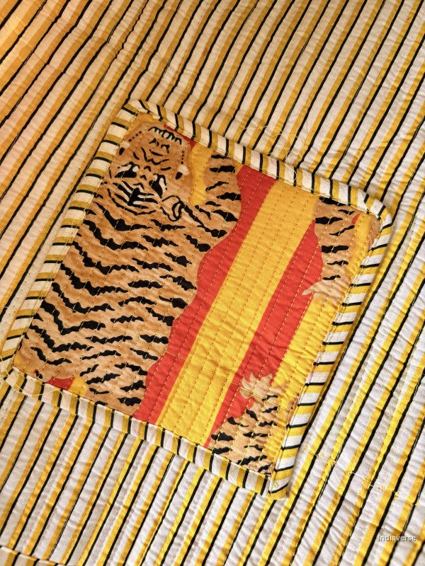 inside pocket of the tote bag showing tiger print and stripes
