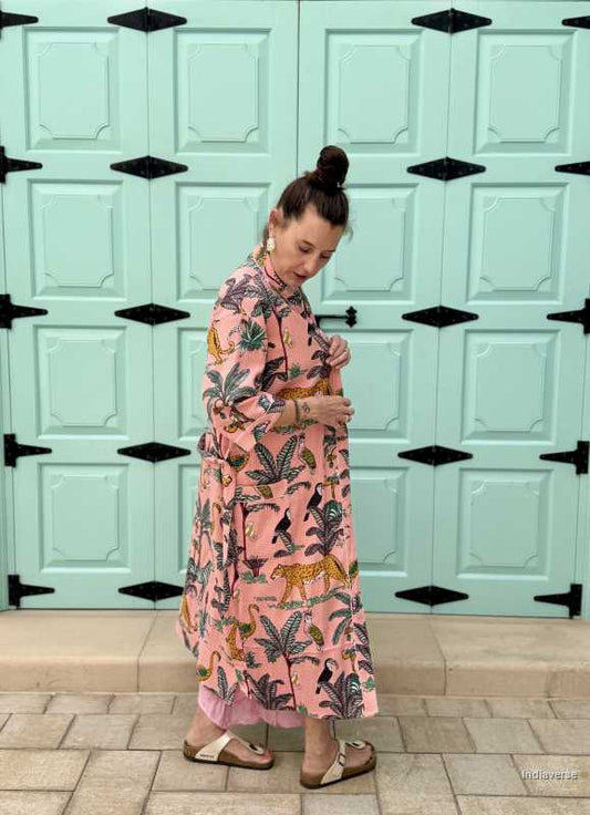 Model is wearing the Peach Jungle Waffle Cotton Bathrobe a lightweight, breathable robe made from pure cotton. Quick-dry, soft, and perfect for daily use or spa days.