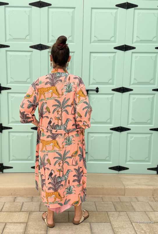 Model is wearing the Peach Jungle Waffle Cotton Bathrobe a lightweight, breathable robe made from pure cotton. Quick-dry, soft, and perfect for daily use or spa days.