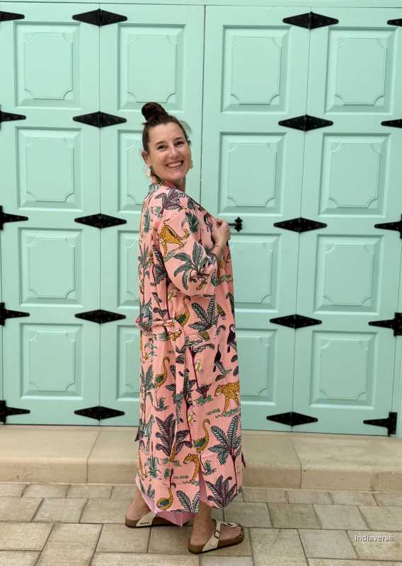 Model is wearing the Peach Jungle Waffle Cotton Bathrobe a lightweight, breathable robe made from pure cotton. Quick-dry, soft, and perfect for daily use or spa days.