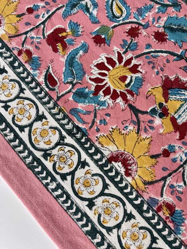 pink floral hand block printed table runner in cotton canvas 1