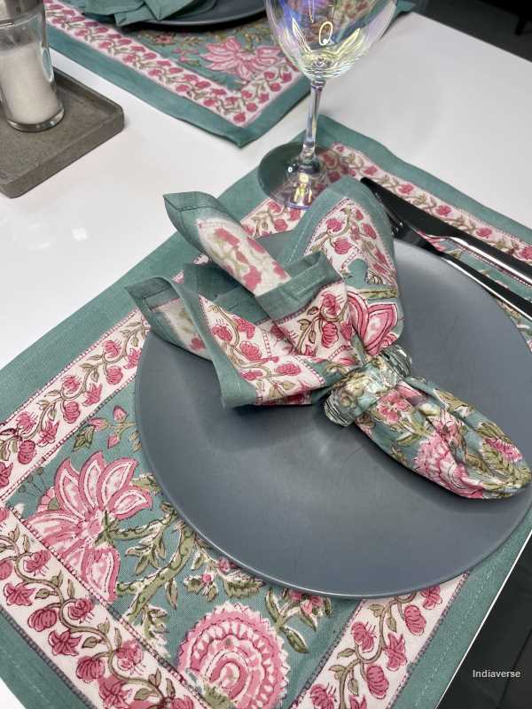 placemat napkin set for 6 people dining table with hand block printed pink floral design 