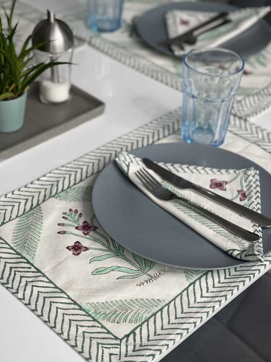 Exquisite 6-piece hand block printed placemat and napkin set in pure cotton stand out with a green purple modern design