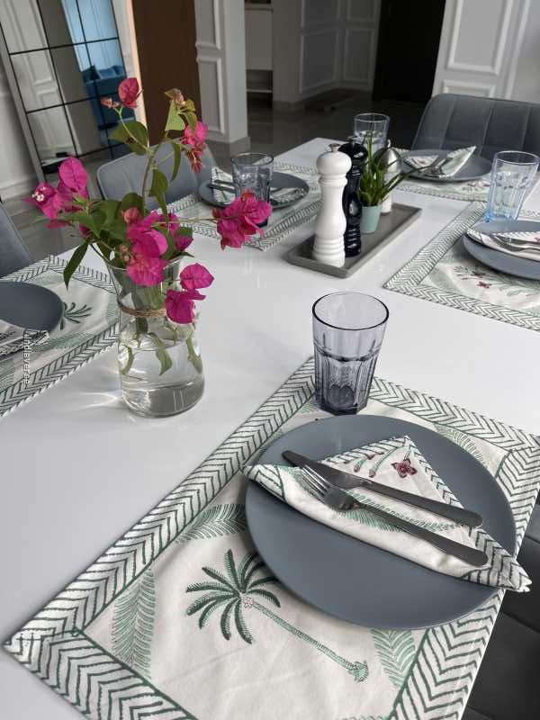 Exquisite 6-piece hand block printed placemat and napkin set in pure cotton stand out with a green purple modern design